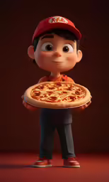 a young boy holding up a large pizza