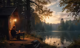 a person sitting on a bench in the woods by the water