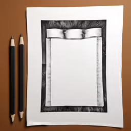a piece of paper with an empty square on top of it and two black and white pencils