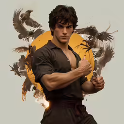 a man holding a bird and birds surrounding him