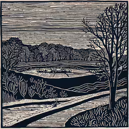 an ink - painting depicting winter trees and a road,black and white landscape of winter trees with snow