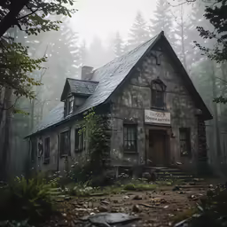 an old fashioned stone house in the forest