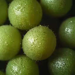 some green fruits with dew drops on them