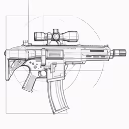 the drawing shows the guns, the scopes and the barrel