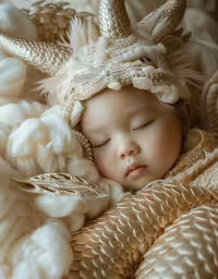 a baby sleeping in white and gold feathers,a newborn sleeping under a pile of feathers