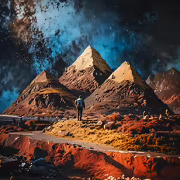 the image has been altered to show an image of mountains with a man looking up at the sky
