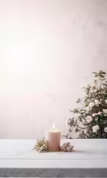 pink pillar on white table with flower arrangement in background
