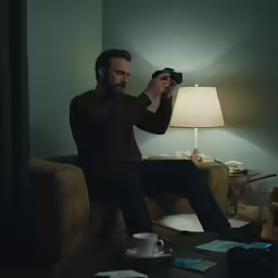 a man sitting on a couch taking a photo with a camera