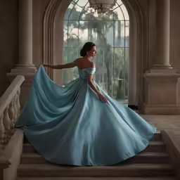 a woman in a blue gown is sitting on some steps