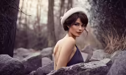 a woman in a hat is leaning against rocks