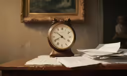 a wooden clock sitting on top of a table next to a pile of paperwork