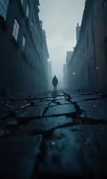a person walking down an empty street in the rain