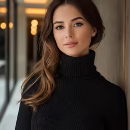 a woman in black outfit leaning on wall outside