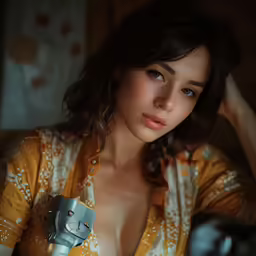 a woman in a yellow dress holding a cell phone