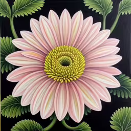 a large white flower is in front of green leaves,an art piece that has pink and green flowers