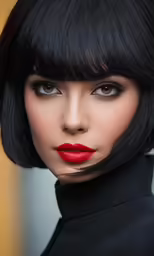 a woman with short black hair wearing red lipstick
