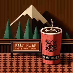 a coffee cup with a straw and a sign with mountains in the background