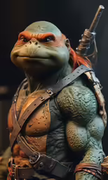 a close up of a stuffed animal with a sword