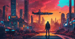 a man stands on an urban city street at night,a person standing in front of a city that has been burned