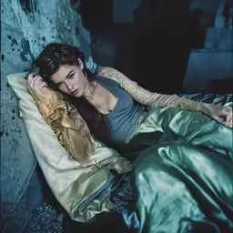a woman laying on a bed in an industrial setting
