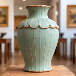 a large blue vase sitting on top of a wooden table