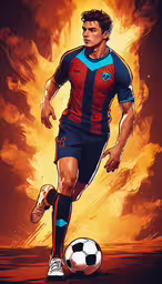 a soccer player dribbling a ball through the air,the soccer player is kicking a ball in front of fire
