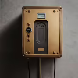 an antique metal meter on a grey surface