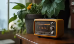 an alarm clock and potted plant sit on a small table