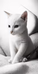 a white cat is sitting on a couch