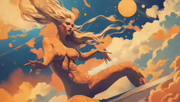 a woman in yellow sitting on a ledge in the sky