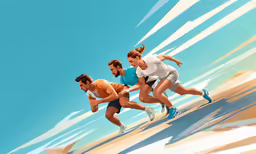 three people running down a sandy hill in opposite directions