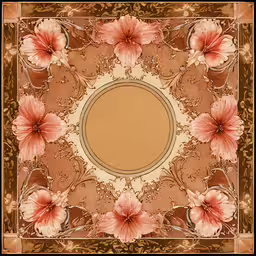 a circular picture frame with flowers and leaves,an artistic picture with flowers and a circle