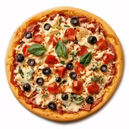 pizza covered in cheese and black olives on a table