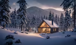 a small cabin in a snowy pine forest