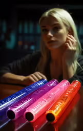 two woman with long blonde hair are sitting behind five neon tubes