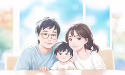this photo has an adorable asian couple looking at the camera while holding their baby