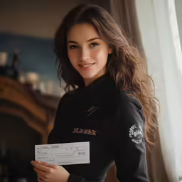 a smiling woman holding onto a note next to a window