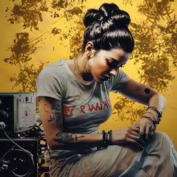 a woman wearing a grey shirt and bracelets sits next to a small radio