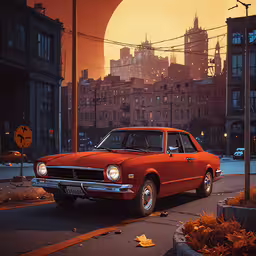 a red car is parked along an empty street,a red car parked on the side of a road near buildings