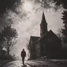 a man walking along a street near a church