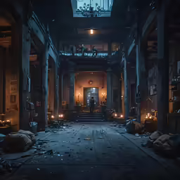 inside an abandoned, very dark room with lots of debris