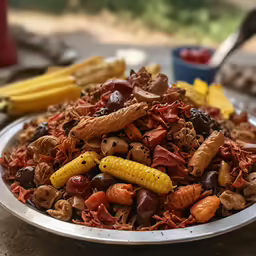 a plate with several types of food and a spoon on the side