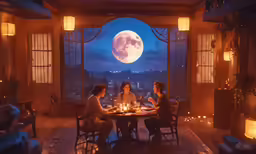 three women sitting around a table with candles in their hands