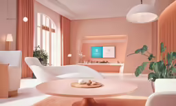 a very spacious and pink living room with white furniture