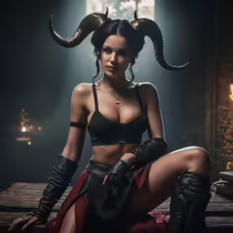 a woman with horns is wearing a bra top