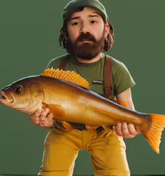 a man in green shirt holding a yellow fish,a man wearing brown pants holds a fish and a bag