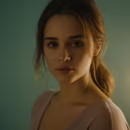 a woman with brown hair wearing a beige shirt