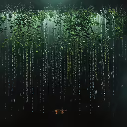 a room with lots of green plants and a light