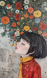 a painting of a girl with flowers on her head