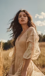 a woman posing in a field of dried grass
